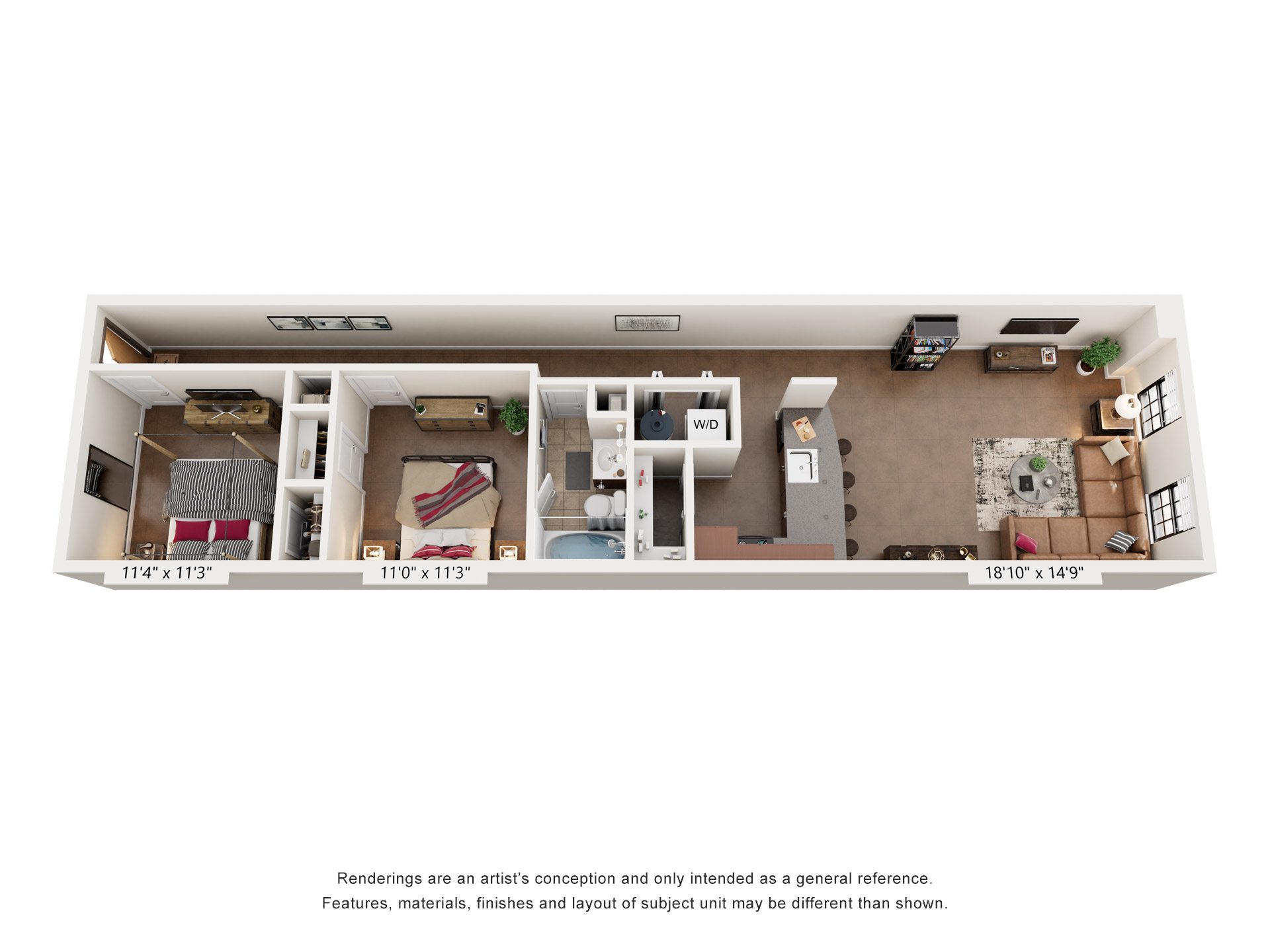 Floor plan for 2 beds, 1 bath, 951 sqft